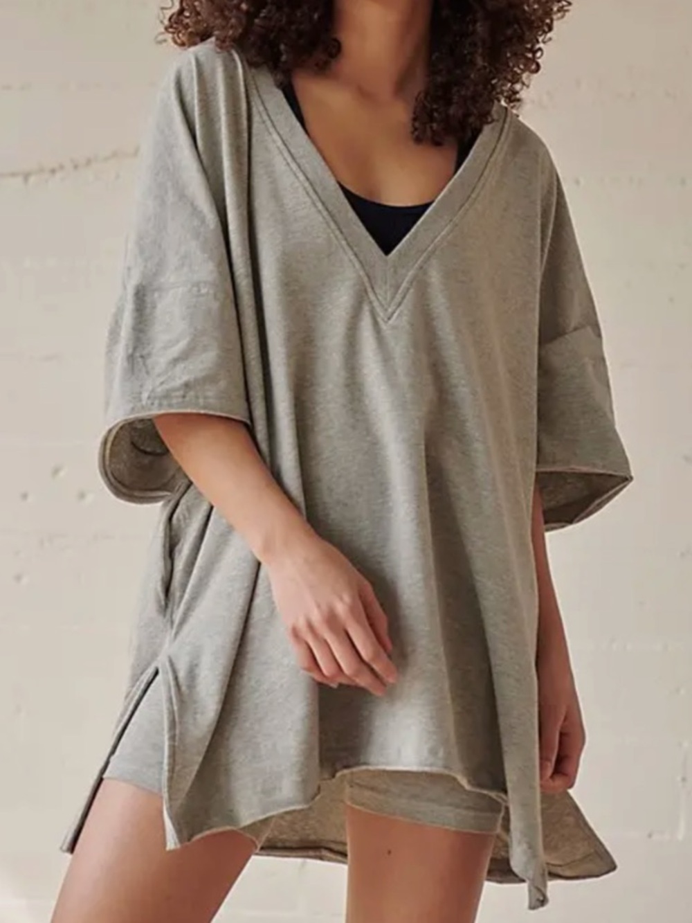 Free People Heather Grey Oversized V-Neck Short Sleeve Top